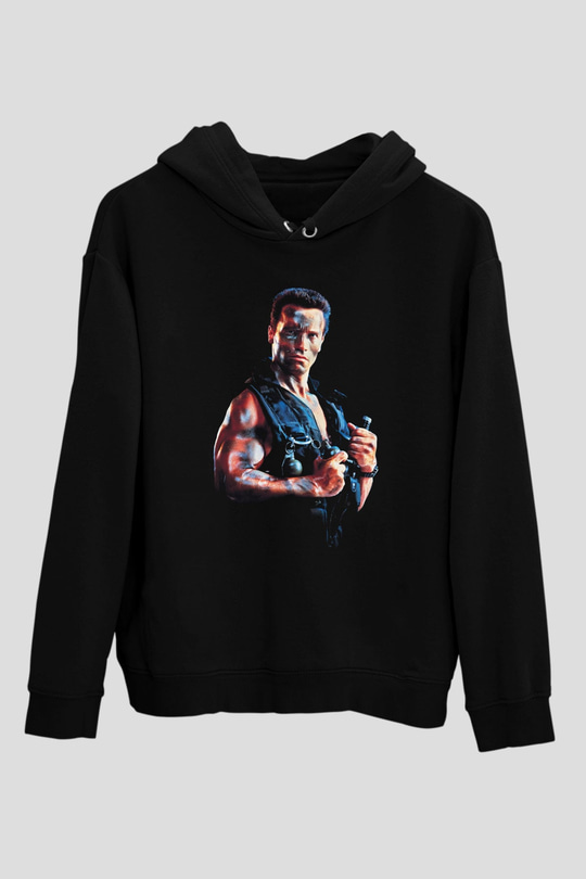 Unisex Komando (Commando) Baskılı Siyah Kapüşonlu Sweatshirt