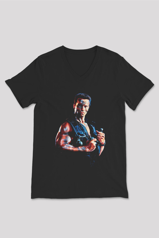 Unisex Komando (Commando) Baskılı Siyah V Yaka Tshirt