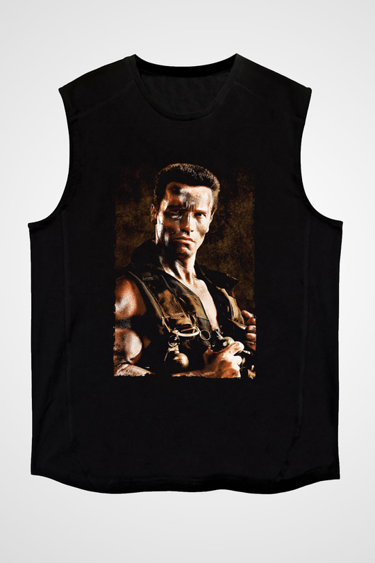 Unisex Komando (Commando) Baskılı Siyah Kolsuz Tişört
