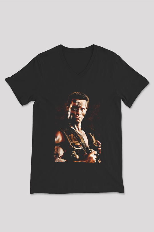 Unisex Komando (Commando) Baskılı Siyah V Yaka Tişört