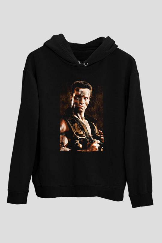 Unisex Komando (Commando) Baskılı Siyah Kapüşonlu Sweatshirt
