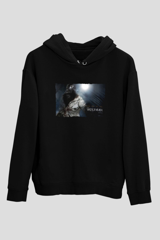 Unisex Kurt Adam (The Wolfman) Baskılı Siyah Kapüşonlu Sweatshirt