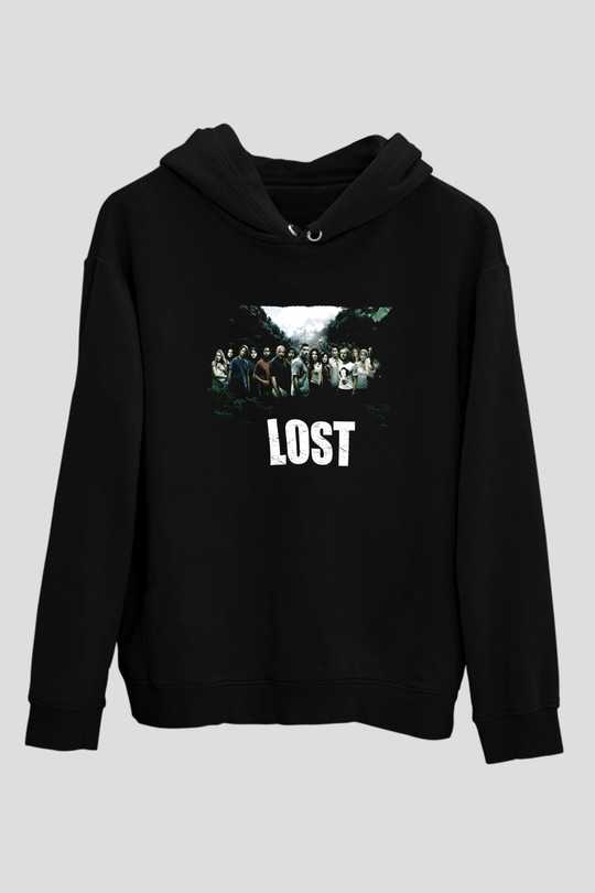 Unisex Lost Baskılı Siyah Kapüşonlu Sweatshirt
