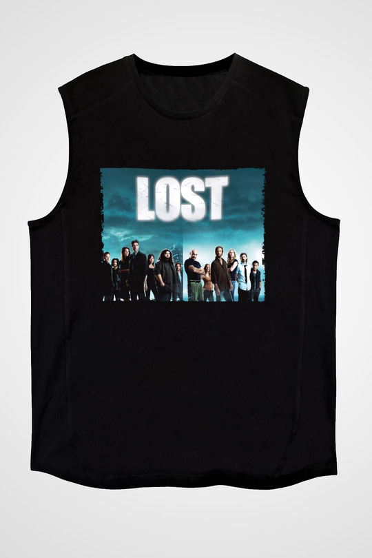 Unisex Lost Baskılı Siyah Kolsuz Tshirt