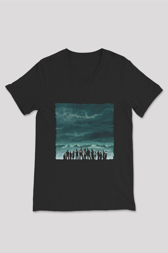 Unisex Lost Baskılı Siyah V Yaka Tişört