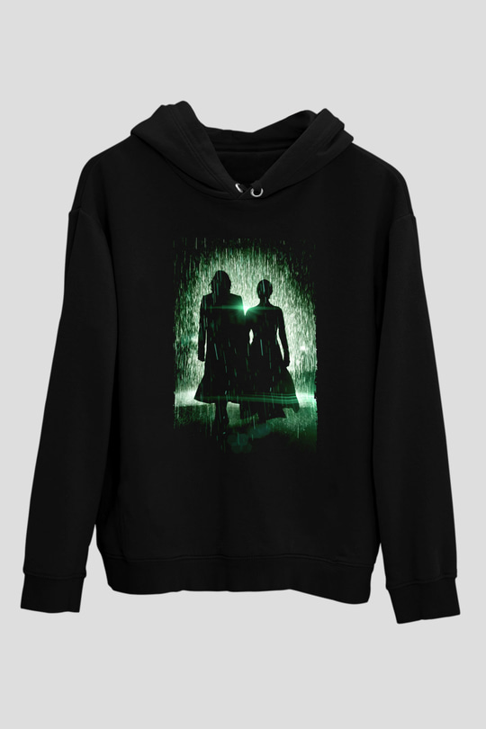 Unisex Matrix Baskılı Siyah Kapüşonlu Sweatshirt