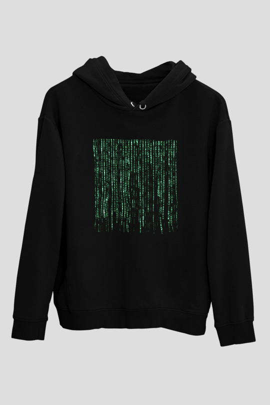 Unisex Matrix Baskılı Siyah Kapüşonlu Sweatshirt