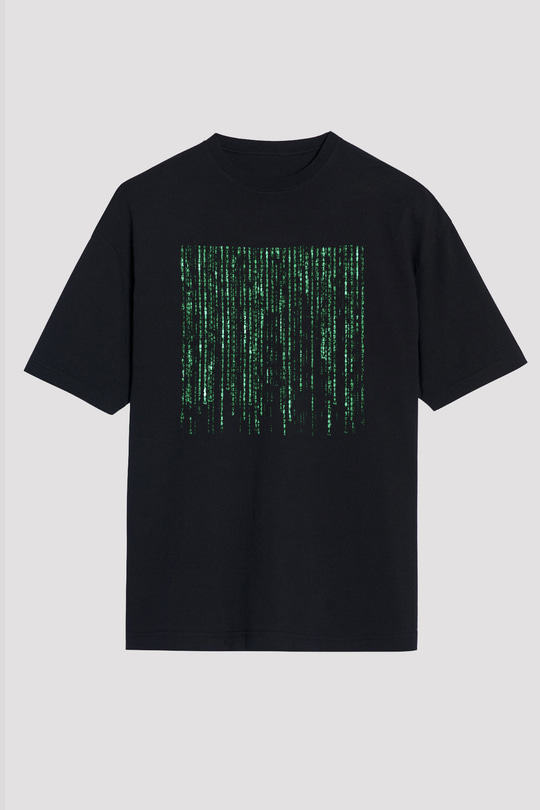 Unisex Matrix Baskılı Siyah Oversize T-shirt