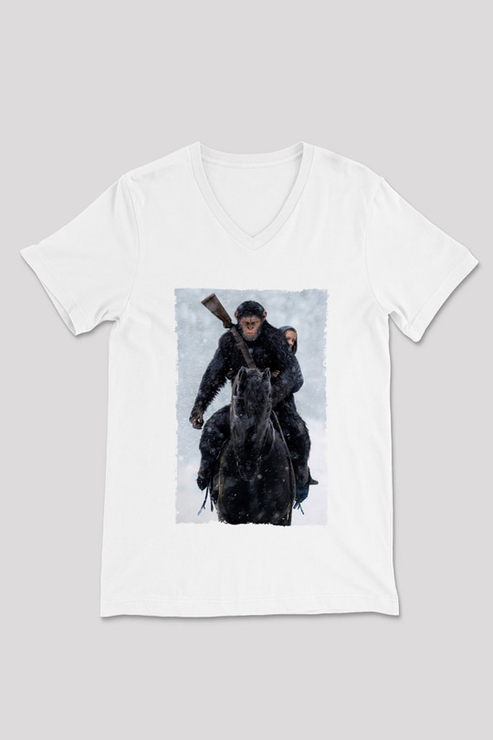 Unisex Maymunlar Cehennemi Savaş (War for the Planet of the Apes) Baskılı Beyaz V Yaka Tshirt