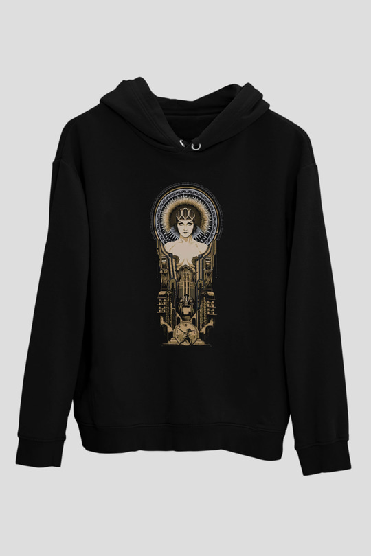 Unisex Metropolis Baskılı Siyah Kapüşonlu Sweatshirt