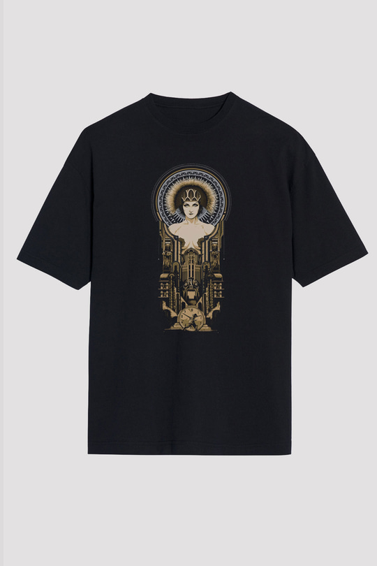 Unisex Metropolis Baskılı Siyah Oversize Tshirt