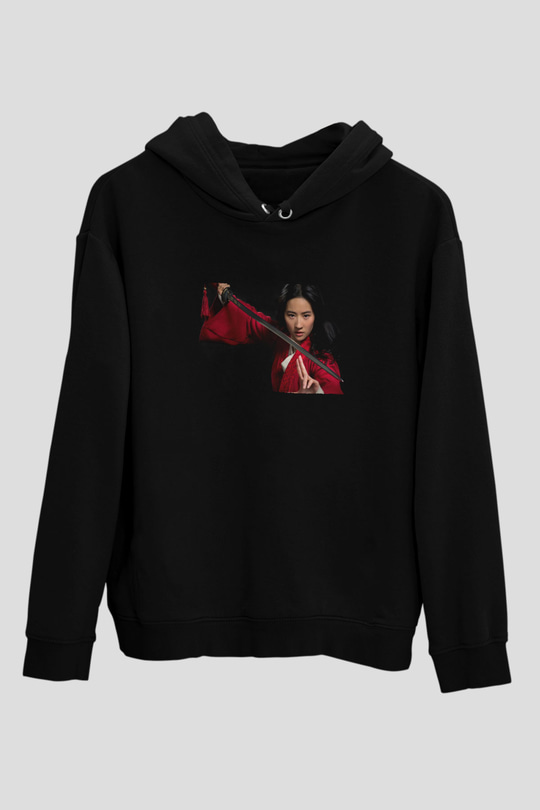 Unisex Mulan Baskılı Siyah Kapüşonlu Sweatshirt