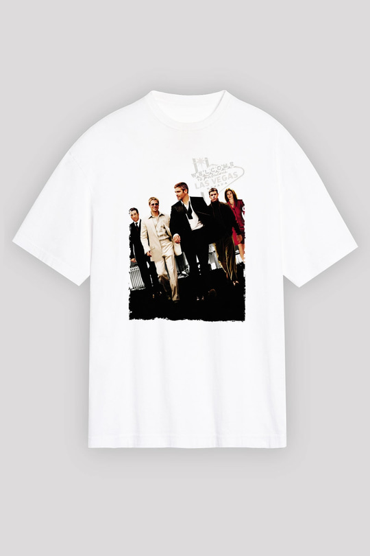 Unisex Ocean's Eleven Baskılı Beyaz Oversize Oversize T-shirt