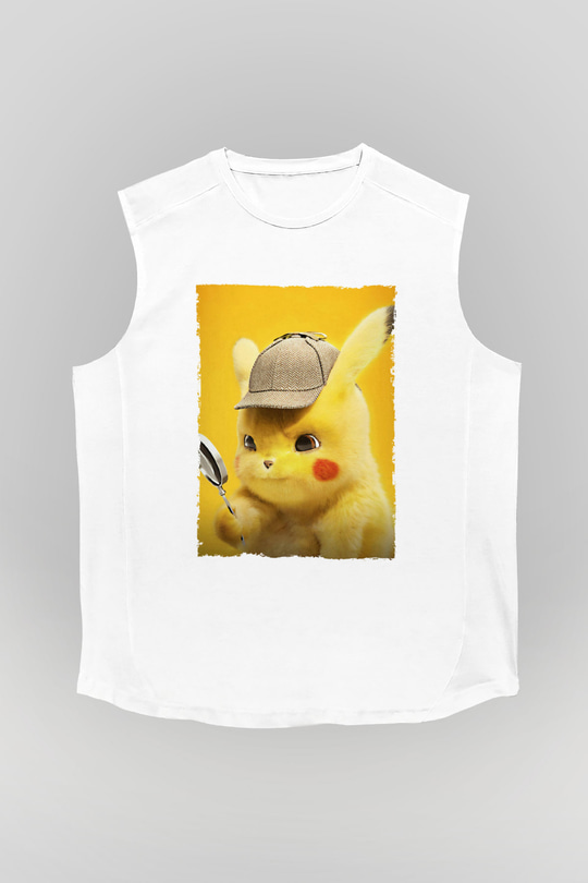 Unisex Pokémon Dedektif Pikachu (Pokémon Detective Pikachu) Baskılı Beyaz Kolsuz T-shirt