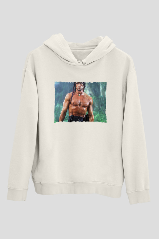 Unisex Rambo Baskılı Beyaz Kapüşonlu Sweatshirt