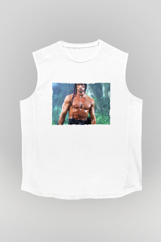 Unisex Rambo Baskılı Beyaz Kolsuz Tshirt