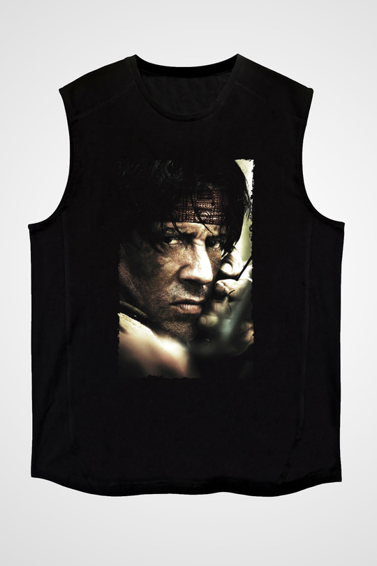 Unisex Rambo Baskılı Siyah Kolsuz T-shirt
