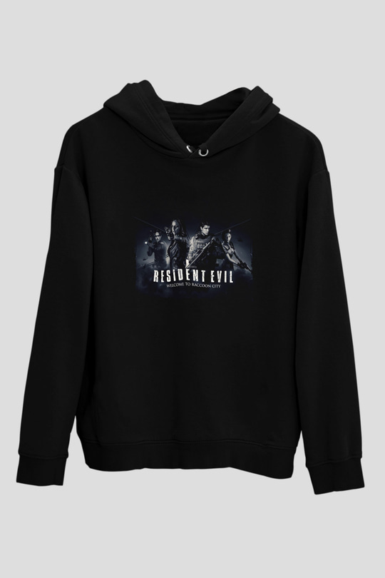 Unisex Resident Evil Raccoon Şehri (Resident Evil Welcome to Raccoon City) Baskılı Siyah Kapüşonlu Sweatshirt