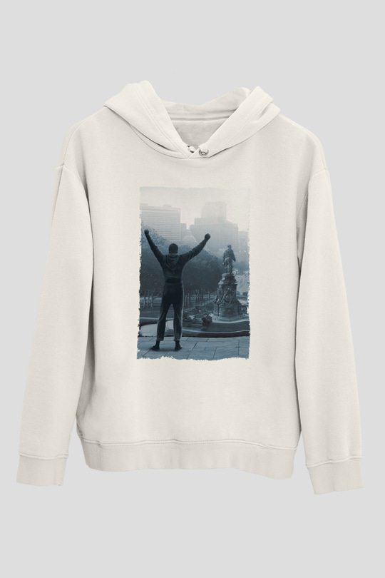Unisex Rocky Baskılı Beyaz Kapüşonlu Sweatshirt
