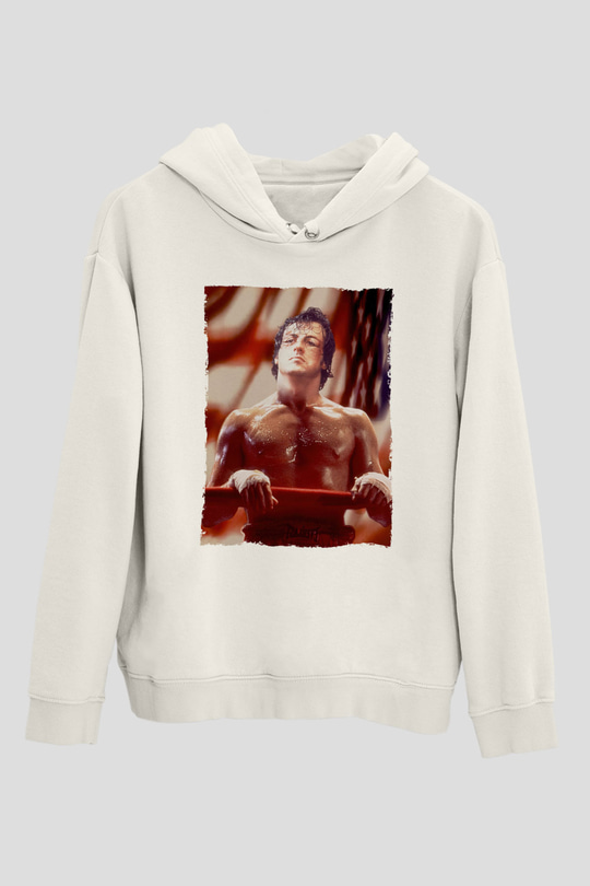 Unisex Rocky Baskılı Beyaz Kapüşonlu Sweatshirt