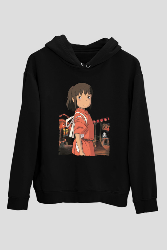 Unisex Ruhların Kaçışı (Spirited Away) Baskılı Siyah Kapüşonlu Sweatshirt