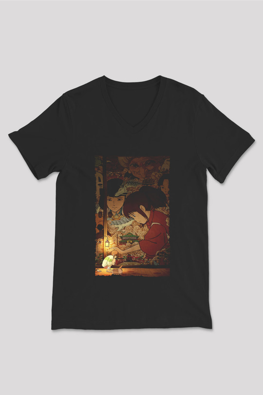 Unisex Ruhların Kaçışı (Spirited Away) Baskılı Siyah V Yaka T-shirt