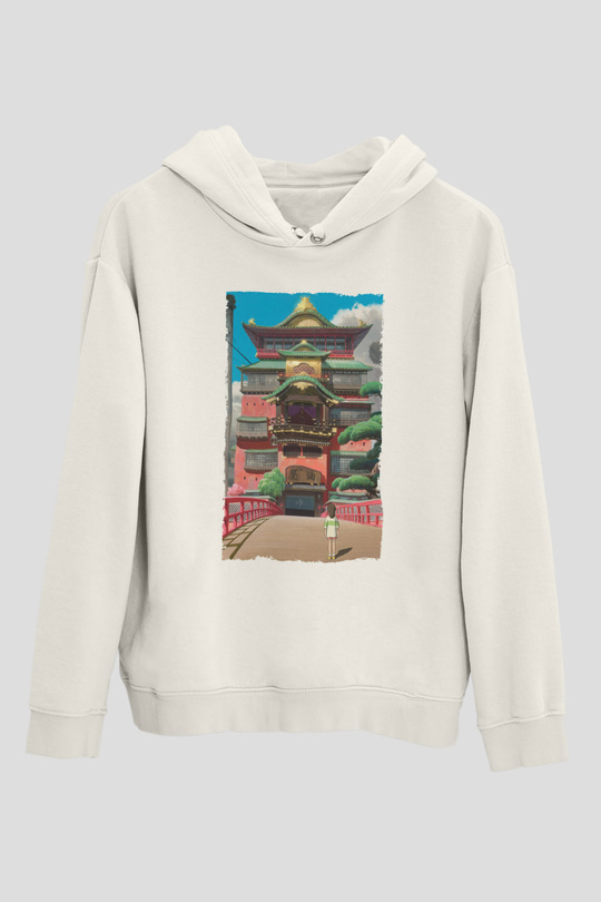 Unisex Ruhların Kaçışı (Spirited Away) Baskılı Beyaz Kapüşonlu Sweatshirt