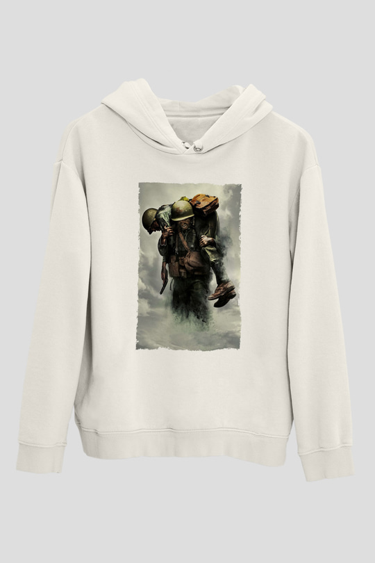 Unisex Savaş Vadisi (Hacksaw Ridge) Baskılı Beyaz Kapüşonlu Sweatshirt