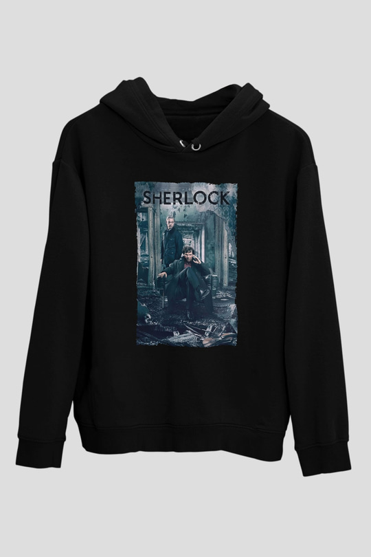 Unisex Sherlock Baskılı Siyah Kapüşonlu Sweatshirt