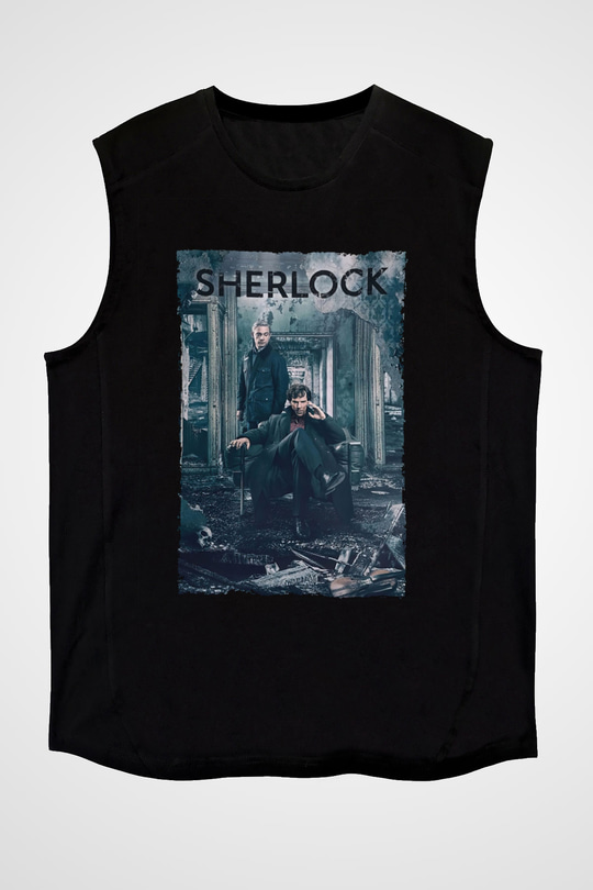 Unisex Sherlock Baskılı Siyah Kolsuz Tshirt
