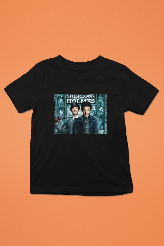 Unisex Sherlock Holmes Baskılı Siyah Çocuk Tshirt