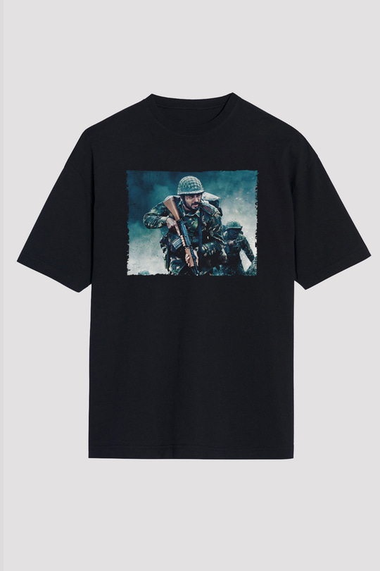 Unisex Shershaah Baskılı Siyah Oversize T-shirt