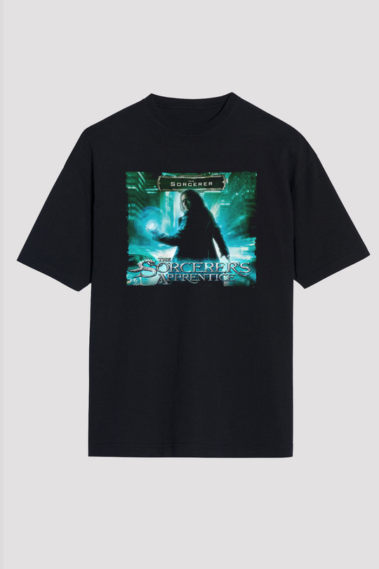 Unisex Sihirbazın Çırağı (The Sorcerer's Apprentice) Baskılı Siyah Oversize Tshirt