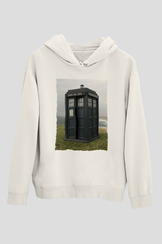 Unisex Tardis - Doctor Who Baskılı Beyaz Kapüşonlu Sweatshirt