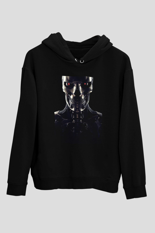 Unisex Terminator Baskılı Siyah Kapüşonlu Sweatshirt