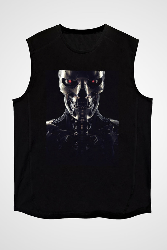 Unisex Terminator Baskılı Siyah Kolsuz Tshirt