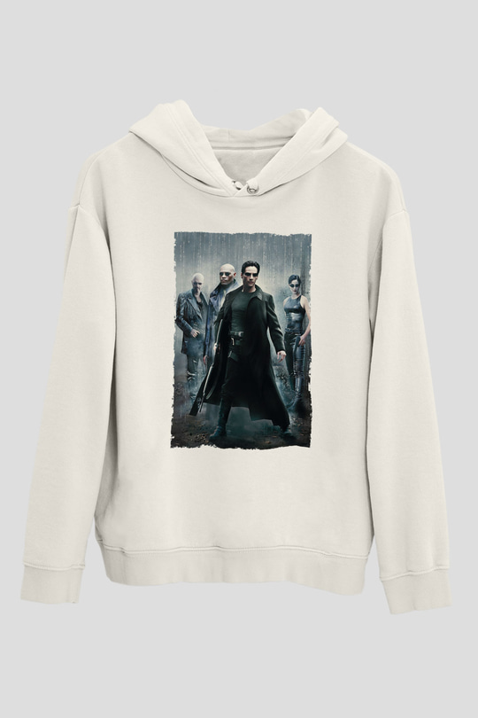 Unisex The Matrix Baskılı Beyaz Kapüşonlu Sweatshirt