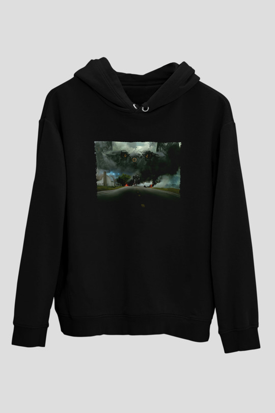 Unisex Transformers 4 Baskılı Siyah Kapüşonlu Sweatshirt