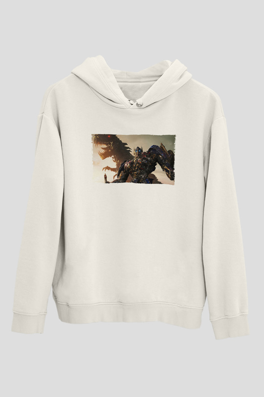 Unisex Transformers Baskılı Beyaz Kapüşonlu Sweatshirt