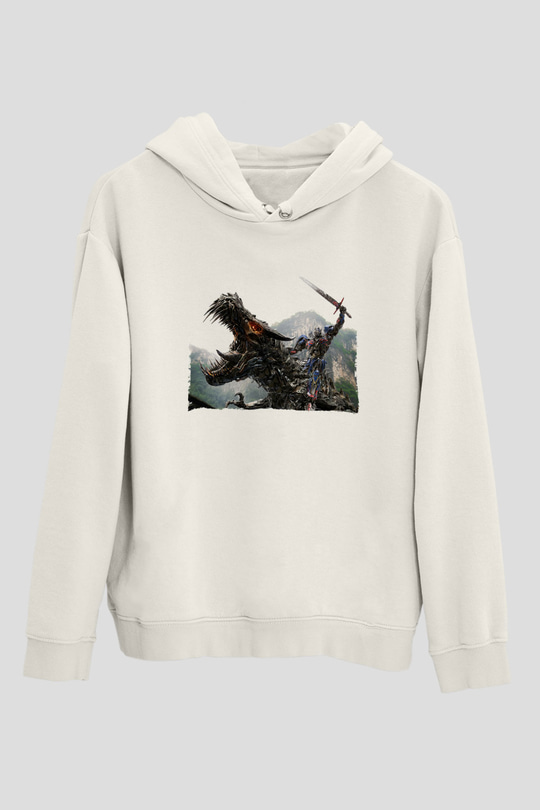 Unisex Transformers Baskılı Beyaz Kapüşonlu Sweatshirt