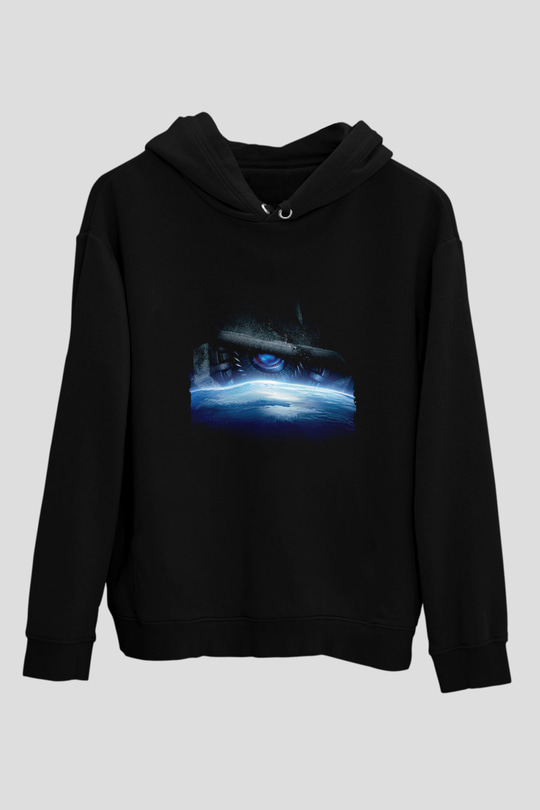 Unisex Transformers Baskılı Siyah Kapüşonlu Sweatshirt