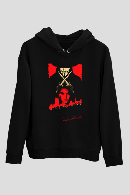 Unisex V for Vendetta Baskılı Siyah Kapüşonlu Sweatshirt