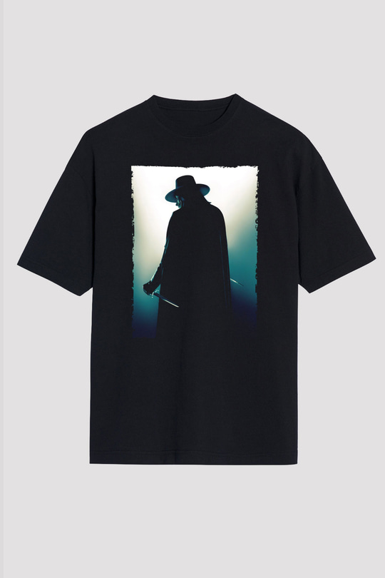 Unisex V for Vendetta Baskılı Siyah Oversize Tişört
