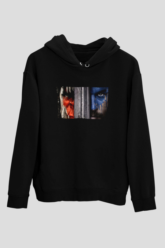Unisex Warcraft Baskılı Siyah Kapüşonlu Sweatshirt