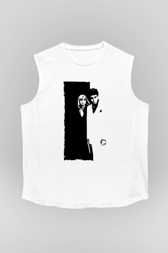 Unisex Yaralı Yüz (Scarface) Baskılı Beyaz Kolsuz Tshirt