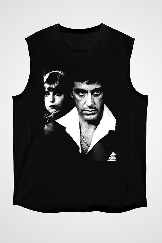 Unisex Yaralı Yüz (Scarface) Baskılı Siyah Kolsuz Tişört