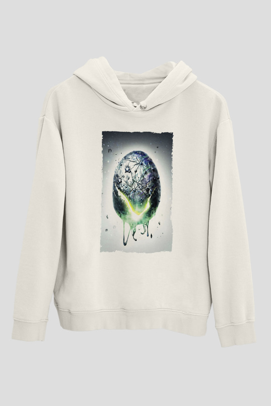 Unisex Yaratık - Alien Baskılı Beyaz Kapüşonlu Sweatshirt