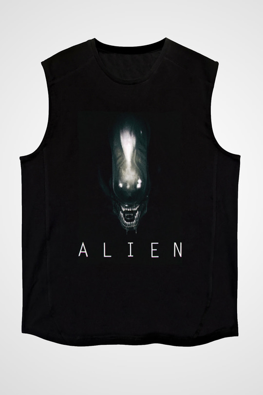 Unisex Yaratık (Alien) Baskılı Siyah Kolsuz T-shirt
