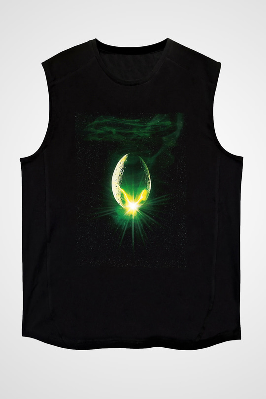 Unisex Yaratık (Alien) Baskılı Siyah Kolsuz Tişört