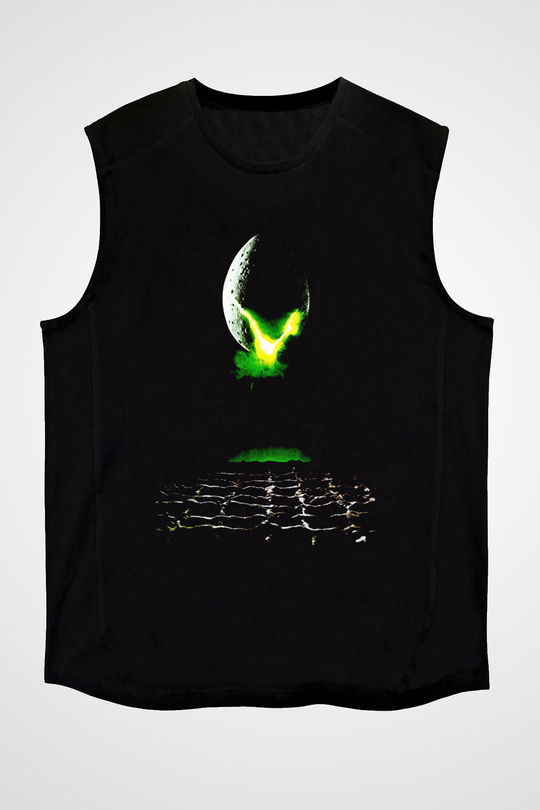 Unisex Yaratık (Alien) Baskılı Siyah Unisex Kolsuz T-shirt